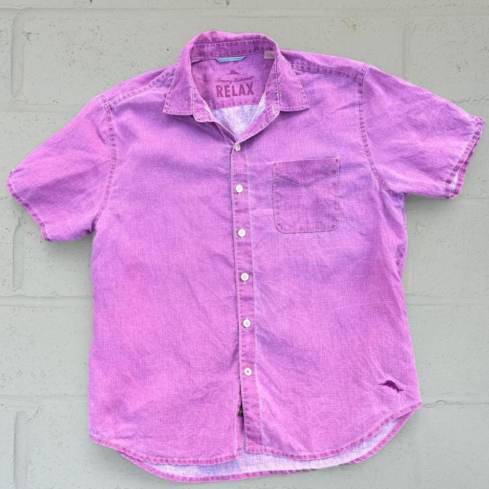 Tommy Bahama Relax Mens Large Linen Short Sleeve Button Up Shirt Purple Pink